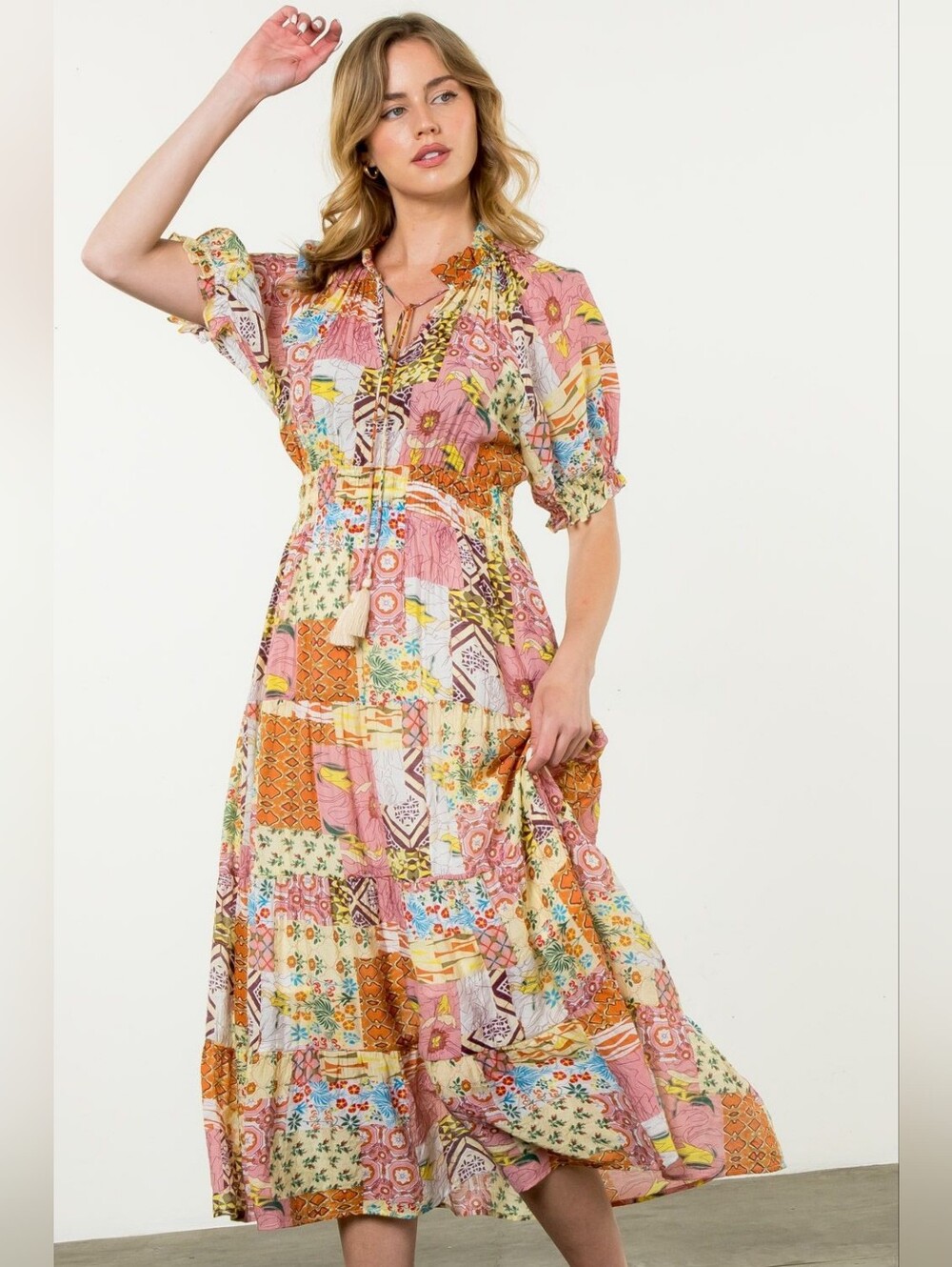 THML Smocked Waist Midi Dress Patch, Multi Color, Size Small, Short Sleeve